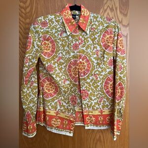 Floral Scroll Print Button-Up Shirt in Coral & Mustard